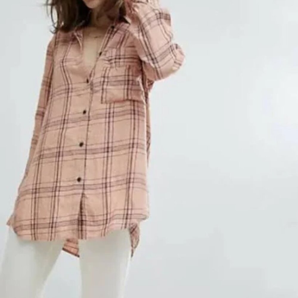 Free People No Limits Plaid Linen Peach Combo Button Up Top Medium